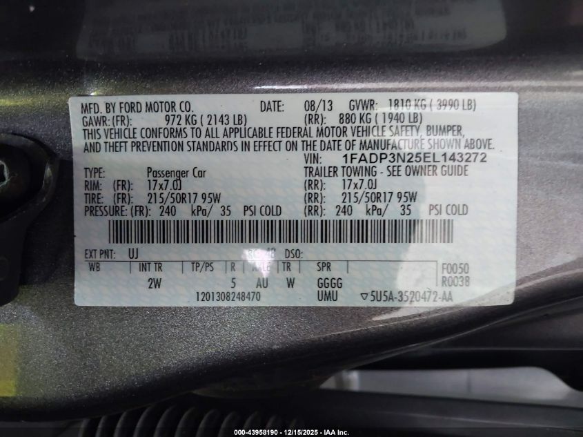 2014 Ford Focus Titanium VIN: 1FADP3N25EL143272 Lot: 43958190