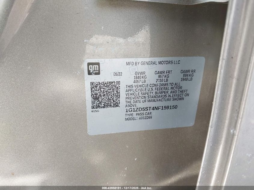 2022 Chevrolet Malibu Fwd Lt VIN: 1G1ZD5ST4NF159150 Lot: 43958191