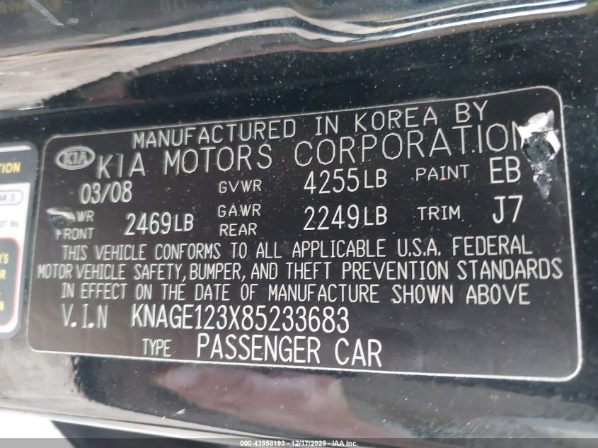 2008 Kia Optima Lx VIN: KNAGE123X85233683 Lot: 43958193