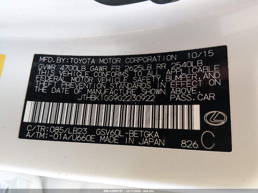 2016 Lexus Es 350 VIN: JTHBK1GG9G2230922 Lot: 43958197