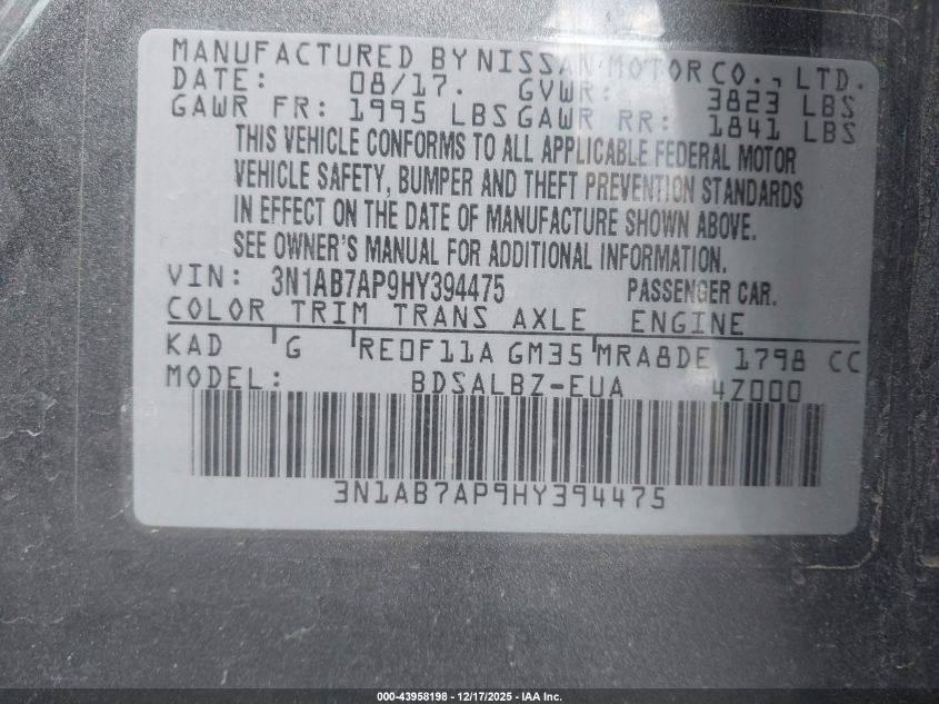 2017 Nissan Sentra S VIN: 3N1AB7AP9HY394475 Lot: 43958198