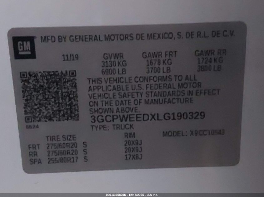 2020 Chevrolet Silverado 1500 2Wd Short Bed Ltz VIN: 3GCPWEEDXLG190329 Lot: 43958206