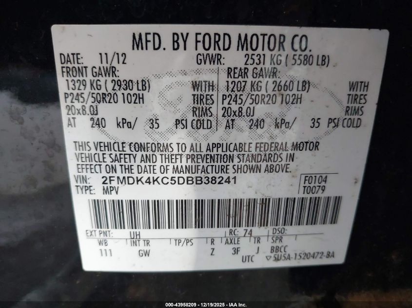 2013 Ford Edge Limited VIN: 2FMDK4KC5DBB38241 Lot: 43958209