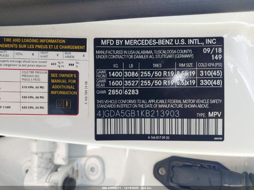 2019 Mercedes-Benz Gle 400 4Matic VIN: 4JGDA5GB1KB213903 Lot: 43958211