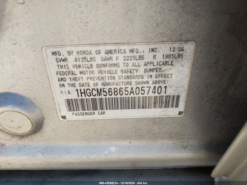 2005 Honda Accord 2.4 Ex VIN: 1HGCM56865A057401 Lot: 43958214