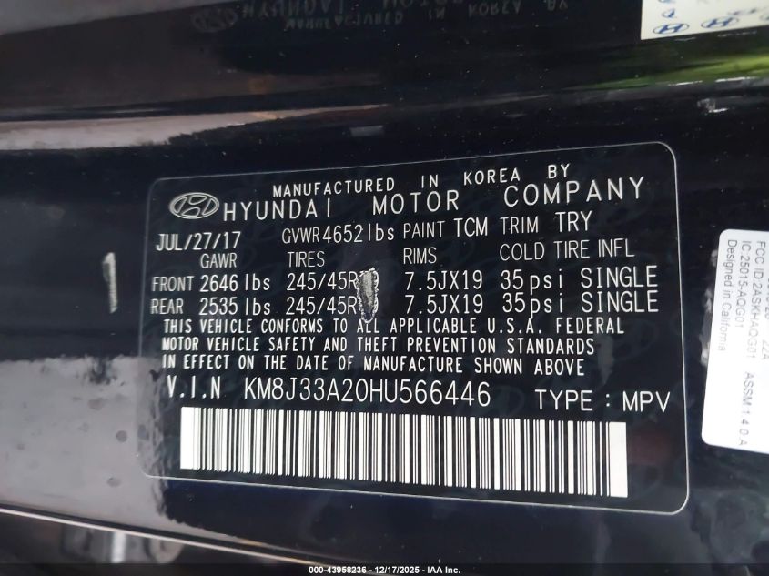 2017 Hyundai Tucson Value VIN: KM8J33A20HU566446 Lot: 43958236