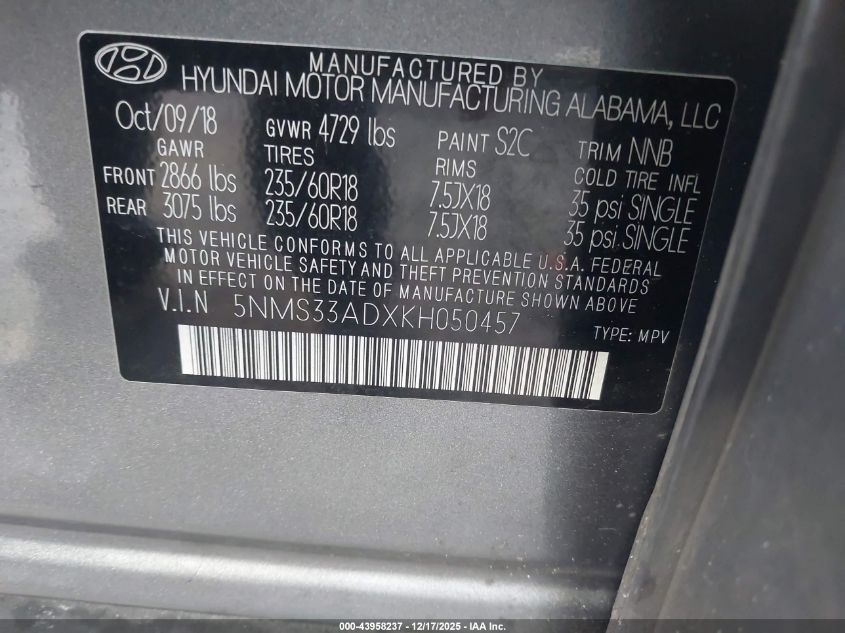 2019 Hyundai Santa Fe Sel Plus VIN: 5NMS33ADXKH050457 Lot: 43958237