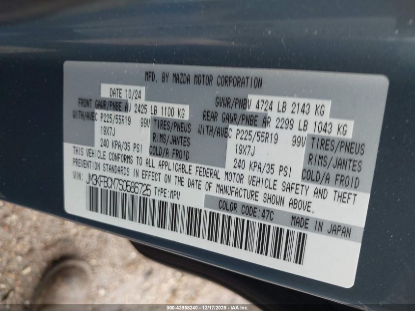 2025 Mazda Cx-5 2.5 S Carbon Edition VIN: JM3KFBCM7S0586725 Lot: 43958240