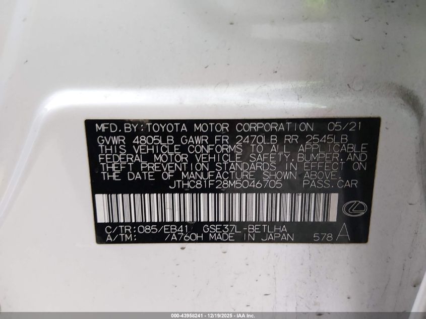 2021 Lexus Is 300 VIN: JTHC81F28M5046705 Lot: 43958241