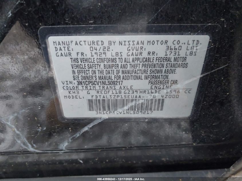 2022 Nissan Kicks Sv Xtronic Cvt VIN: 3N1CP5CV1NL509217 Lot: 43958243