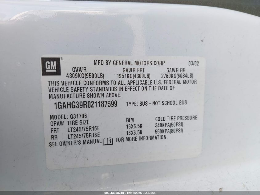 2002 Chevrolet Express VIN: 1GAHG39R021187599 Lot: 43958248