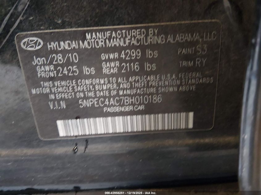 2011 Hyundai Sonata Limited VIN: 5NPEC4AC7BH010186 Lot: 43958251