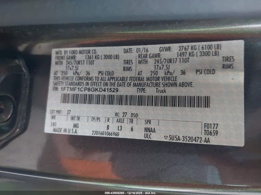 2016 Ford F-150 Xlt VIN: 1FTMF1CP8GKD41529 Lot: 43958260