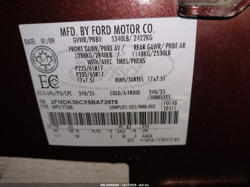 2009 Ford Edge Se VIN: 2FMDK36CX9BA73978 Lot: 43958265