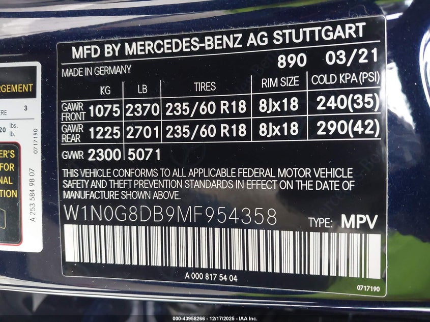 VIN W1N0G8DB9MF954358 2021 MERCEDES-BENZ GLC 300 SUV