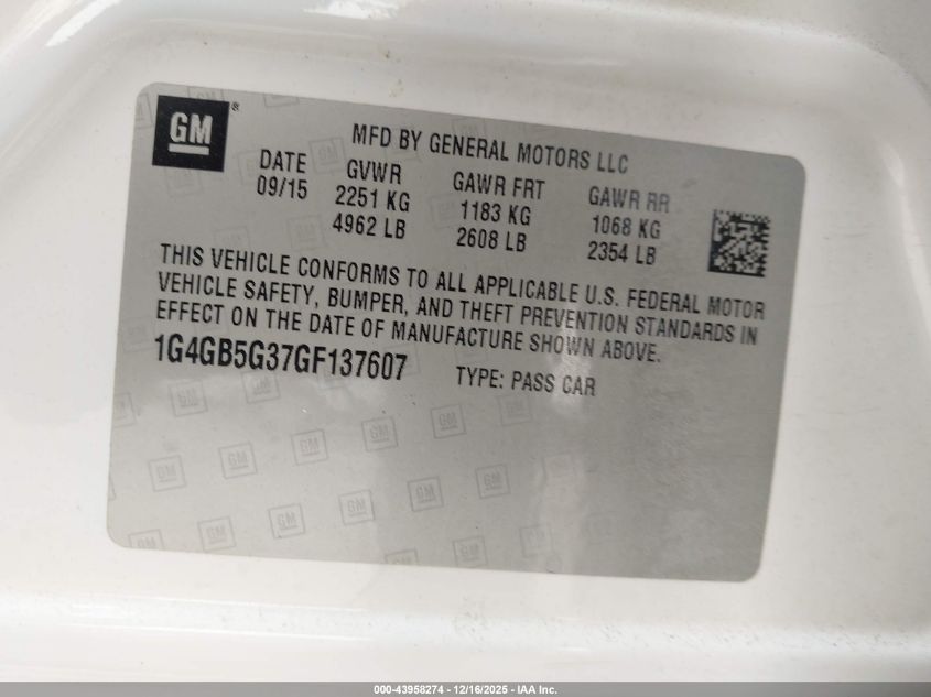 2016 Buick Lacrosse Leather VIN: 1G4GB5G37GF137607 Lot: 43958274