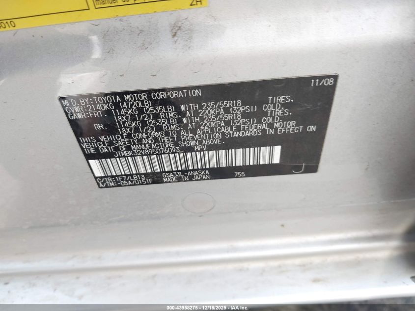 2009 Toyota Rav4 Sport V6 VIN: JTMBK32V895076093 Lot: 43958275