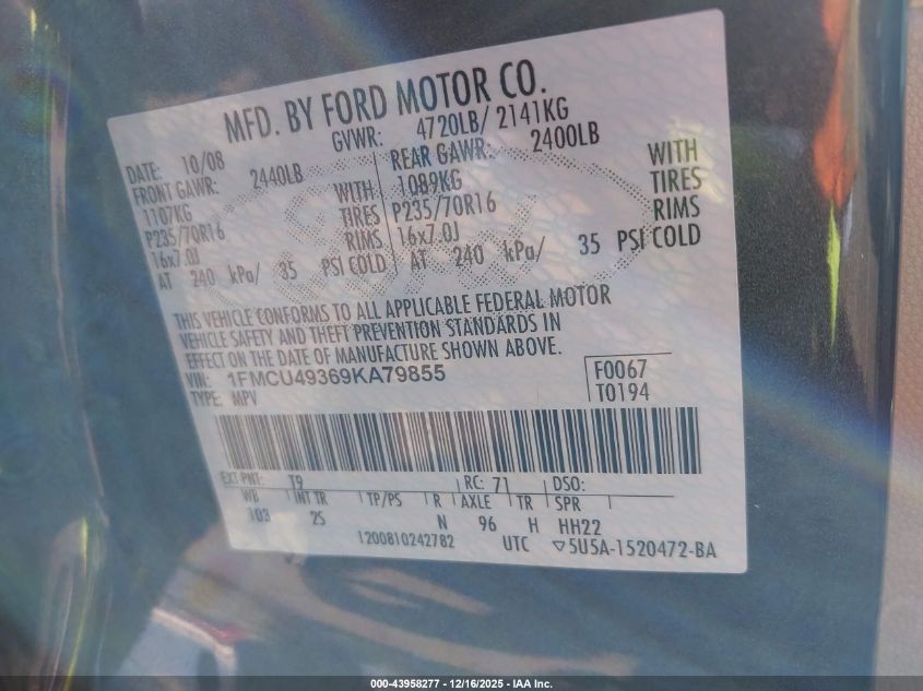 2009 Ford Escape Hybrid Limited VIN: 1FMCU49369KA79855 Lot: 43958277