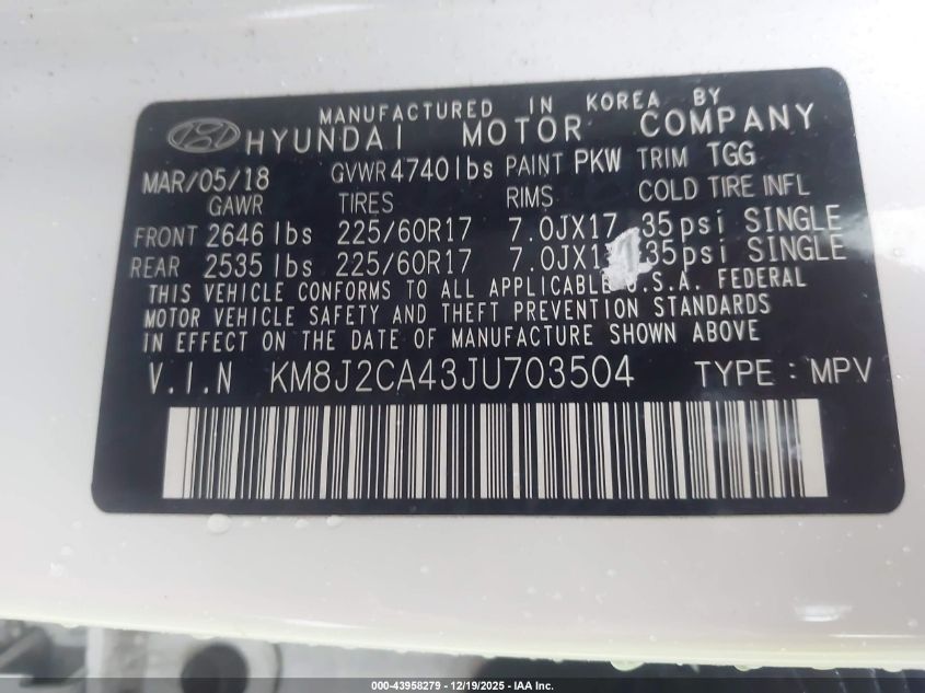 2018 Hyundai Tucson Se VIN: KM8J2CA43JU703504 Lot: 43958279