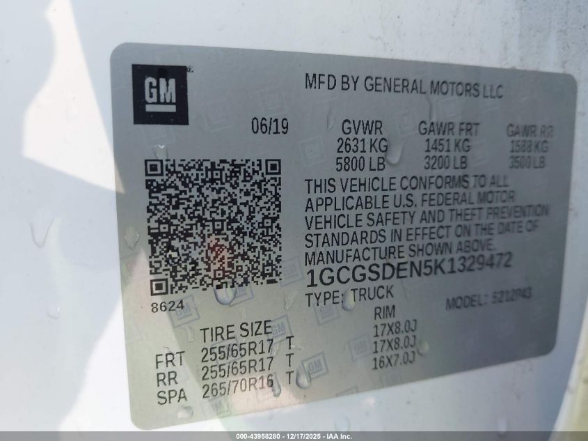 2019 Chevrolet Colorado Z71 VIN: 1GCGSDEN5K1329472 Lot: 43958280