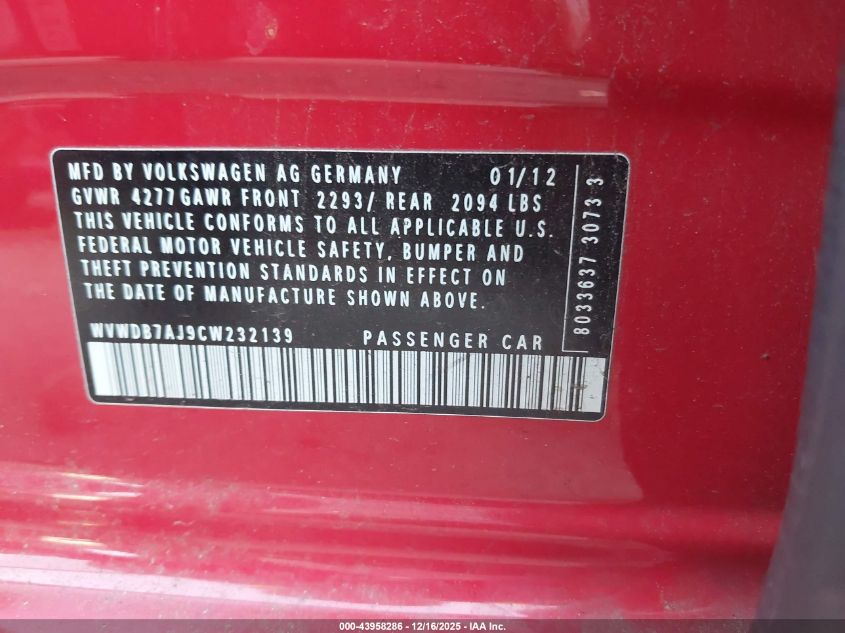 2012 Volkswagen Golf 2.5L 4-Door VIN: WVWDB7AJ9CW232139 Lot: 43958286
