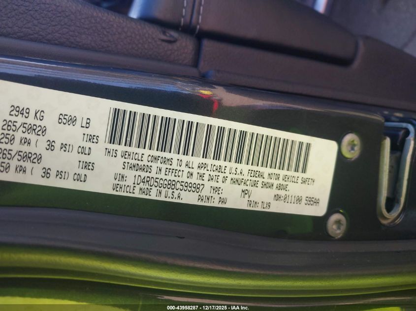 2011 Dodge Durango Citadel VIN: 1D4RD5GG8BC599987 Lot: 43958287