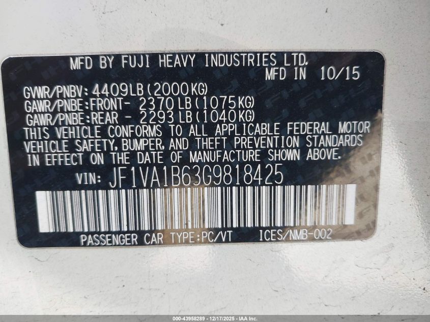 2016 Subaru Wrx VIN: JF1VA1B63G9818425 Lot: 43958289