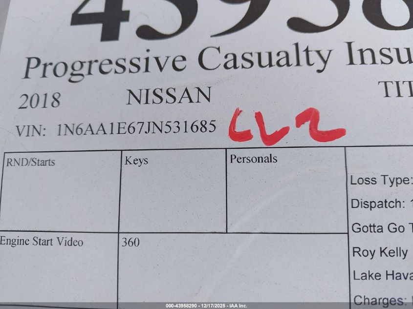 2018 Nissan Titan Sv VIN: 1N6AA1E67JN531685 Lot: 43958290