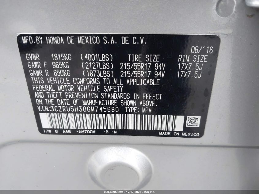 2016 Honda Hr-V Lx VIN: 3CZRU5H30GM745680 Lot: 43958291
