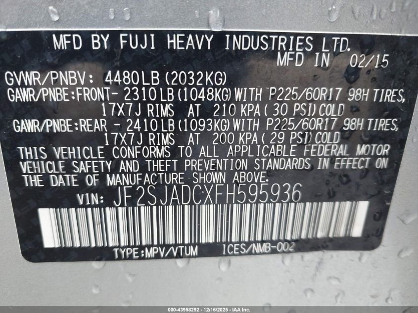 2015 Subaru Forester 2.5I Premium VIN: JF2SJADCXFH595936 Lot: 43958292