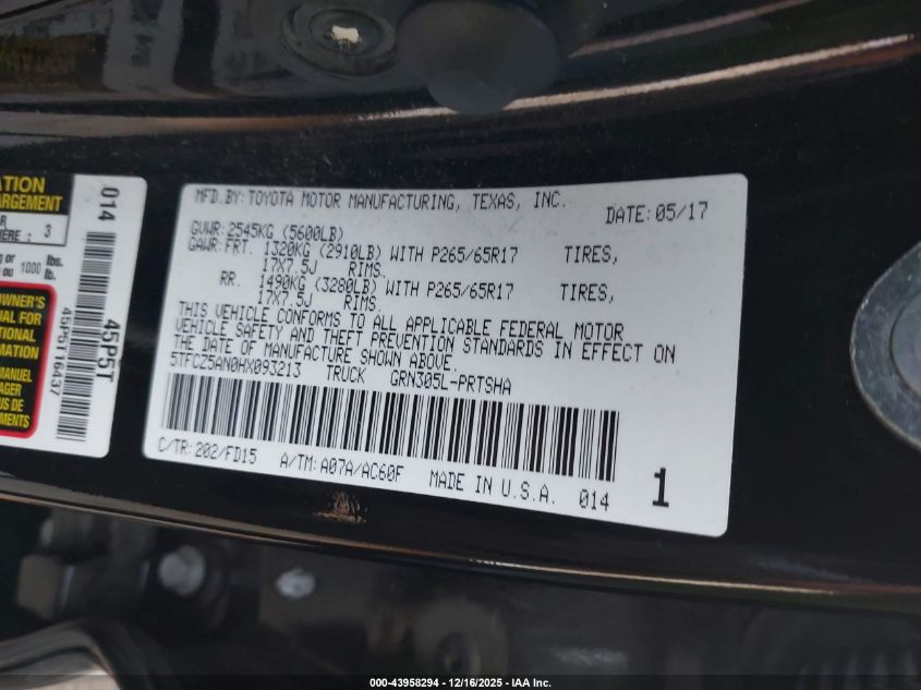 2017 Toyota Tacoma Trd Sport VIN: 5TFCZ5AN0HX093213 Lot: 43958294