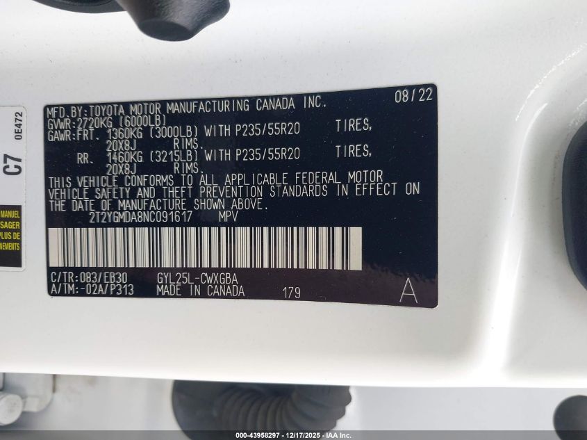 2022 Lexus Rx 450H F Sport Handling VIN: 2T2YGMDA8NC091617 Lot: 43958297