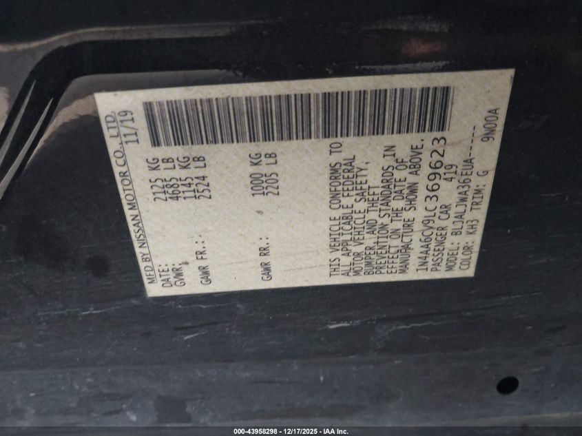 2020 Nissan Maxima Sv Xtronic Cvt VIN: 1N4AA6CV9LC369623 Lot: 43958298