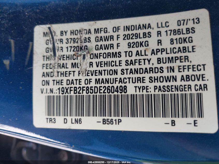 2013 Honda Civic Ex VIN: 19XFB2F85DE260498 Lot: 43958299