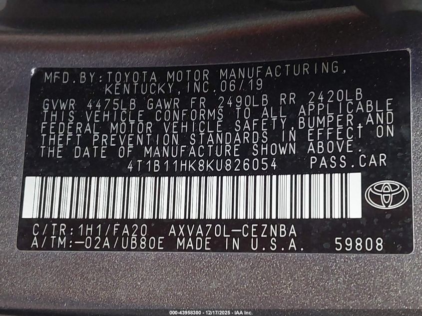 2019 Toyota Camry Le VIN: 4T1B11HK8KU826054 Lot: 43958300