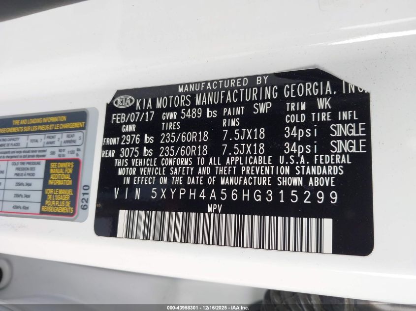 2017 Kia Sorento 3.3L Ex VIN: 5XYPH4A56HG315299 Lot: 43958301