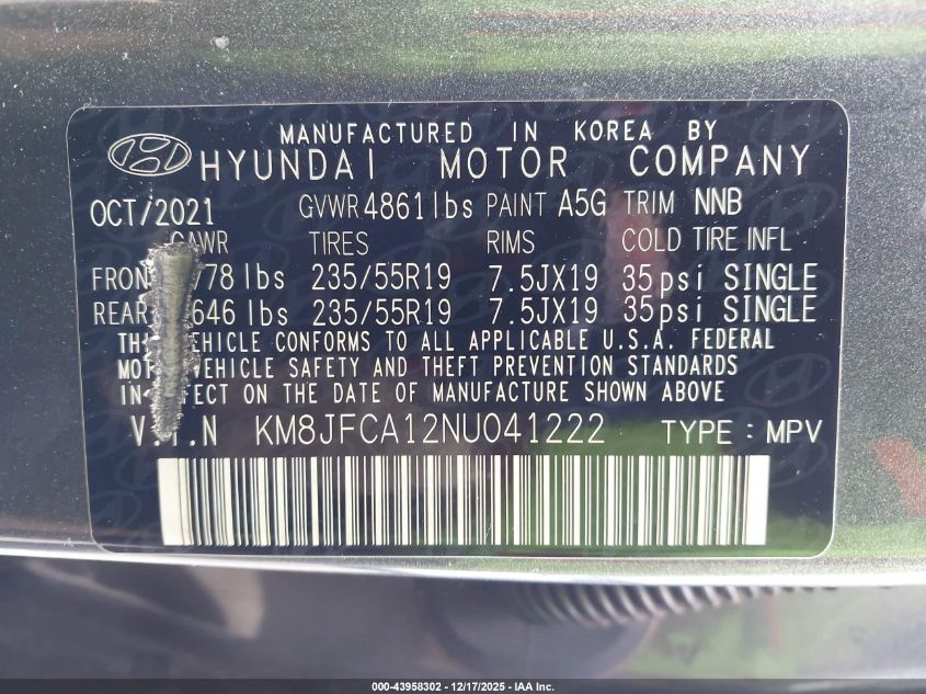 2022 Hyundai Tucson Hybrid Sel Convenience VIN: KM8JFCA12NU041222 Lot: 43958302