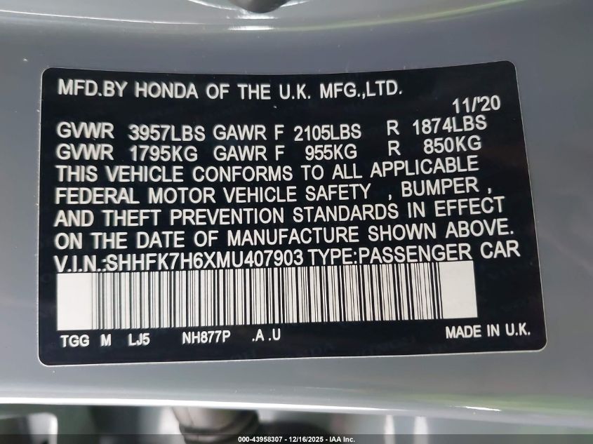2021 Honda Civic Ex VIN: SHHFK7H6XMU407903 Lot: 43958307