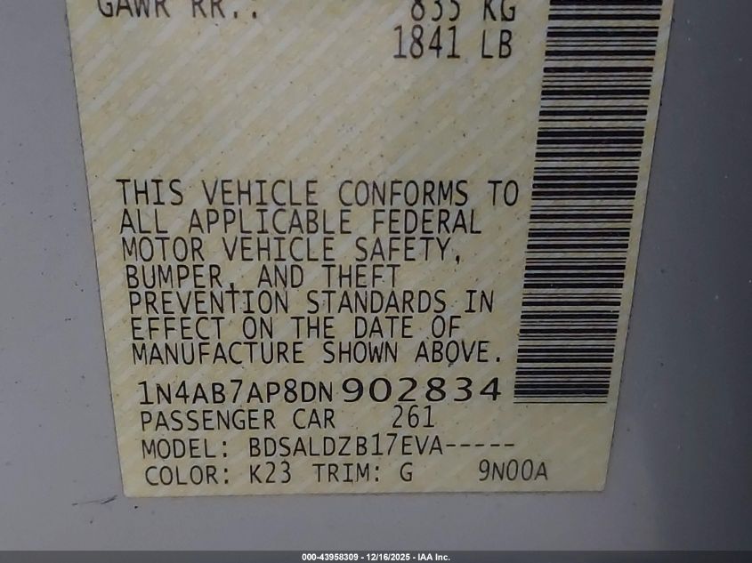 2013 Nissan Sentra Sv VIN: 1N4AB7AP8DN902834 Lot: 43958309