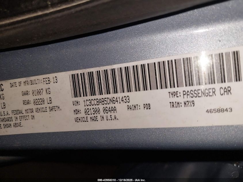 2013 Chrysler 200 Lx VIN: 1C3CCBAB5DN641433 Lot: 43958310