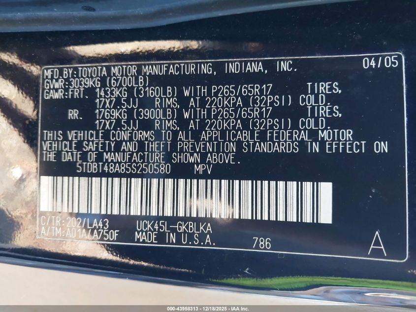 2005 Toyota Sequoia Limited V8 VIN: 5TDBT48A85S250580 Lot: 43958313