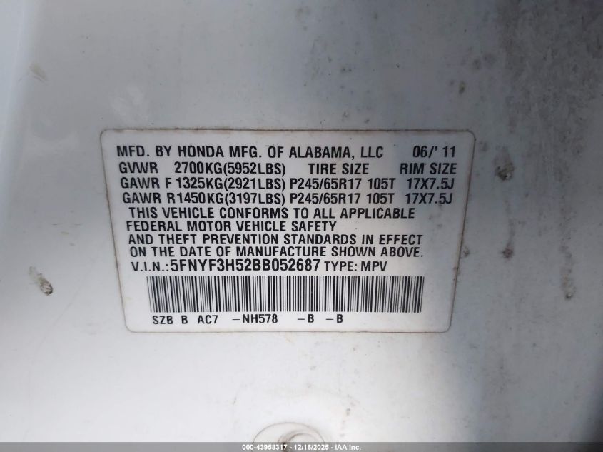 2011 Honda Pilot Ex-L VIN: 5FNYF3H52BB052687 Lot: 43958317