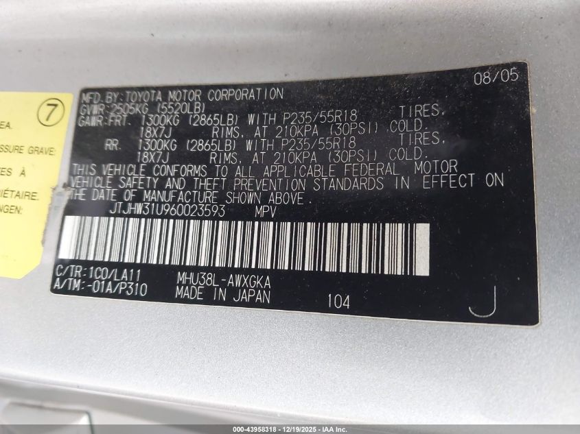 2006 Lexus Rx 400H VIN: JTJHW31U960023593 Lot: 43958318