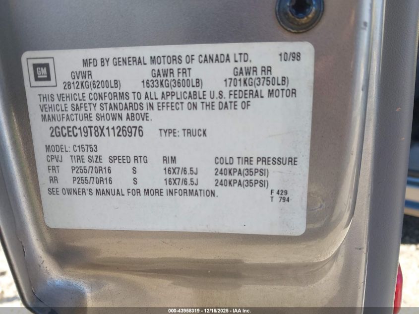 1999 Chevrolet Silverado 1500 Ls VIN: 2GCEC19T8X1126976 Lot: 43958319