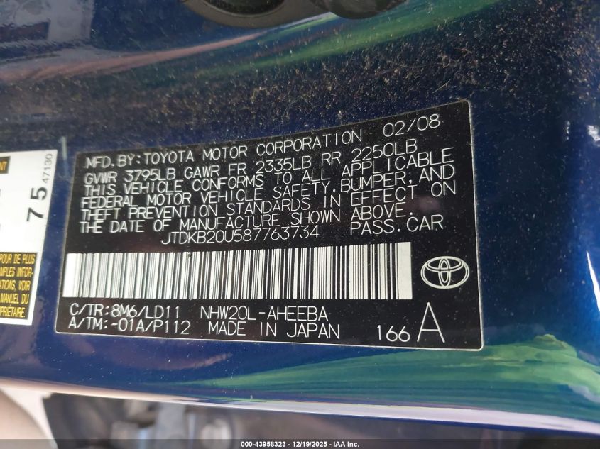 2008 Toyota Prius VIN: JTDKB20U587763734 Lot: 43958323
