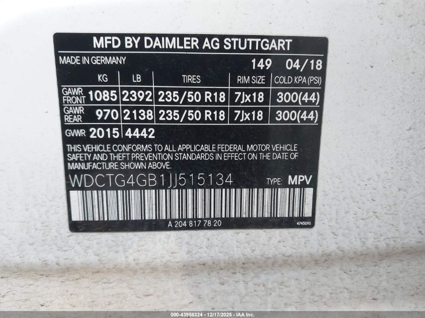 2018 Mercedes-Benz Gla 250 4Matic VIN: WDCTG4GB1JJ515134 Lot: 43958324