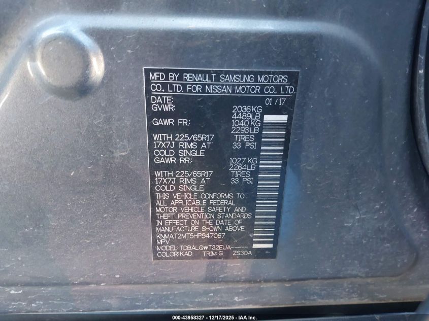 2017 Nissan Rogue Sv VIN: KNMAT2MT5HP547067 Lot: 43958327