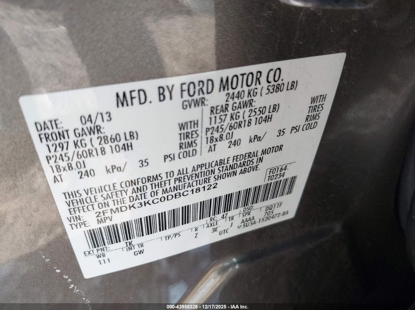 2013 Ford Edge Limited VIN: 2FMDK3KC0DBC18122 Lot: 43958326