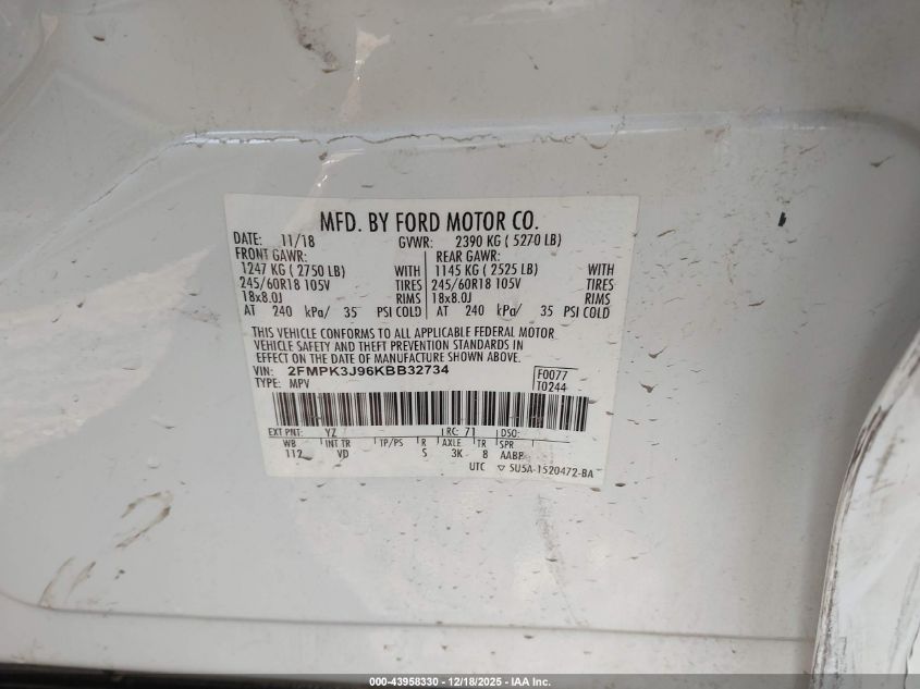 2019 Ford Edge Sel VIN: 2FMPK3J96KBB32734 Lot: 43958330