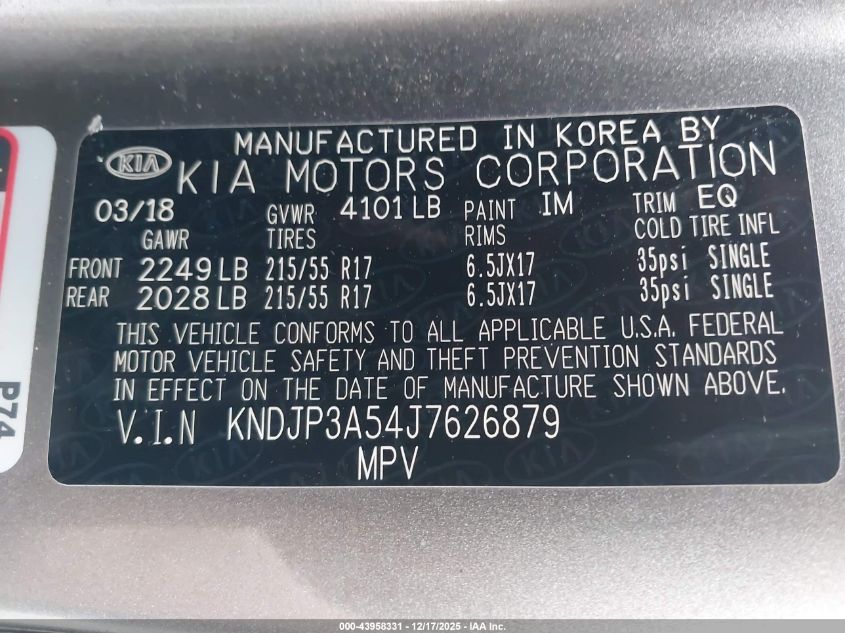 2018 Kia Soul + VIN: KNDJP3A54J7626879 Lot: 43958331